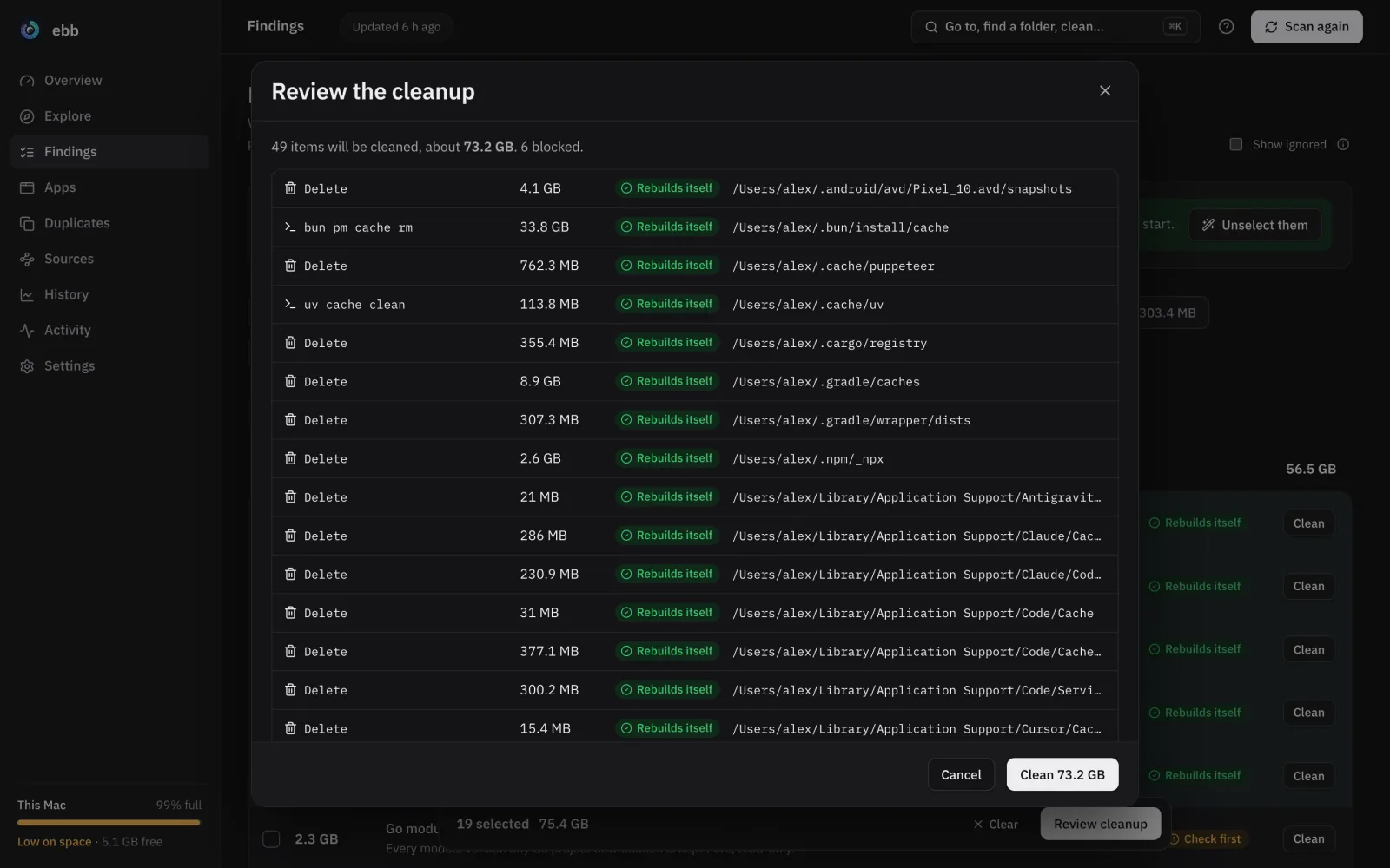 The cleanup review: 49 items, 73.2 GB, each with its action and safety